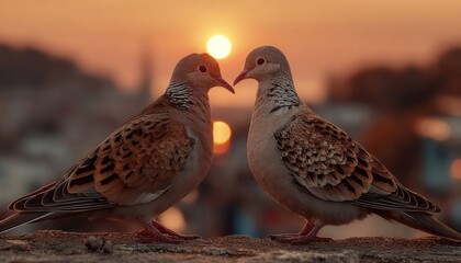 Fototapeta premium Two doves forming heart shape with sunrise in the background, love and peace symbolism