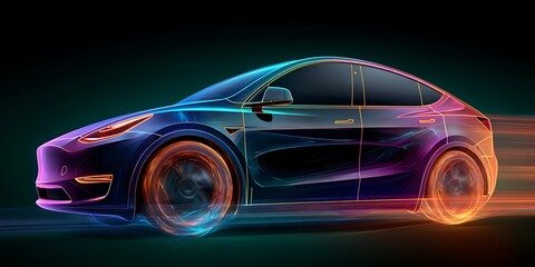 Futuristic electric car with neon lights in motion