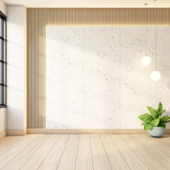 Minimalist empty room with marble wall and wooden slat wall, indoor plant and hanging lamp, white wall and wooden floor. 3d rendering