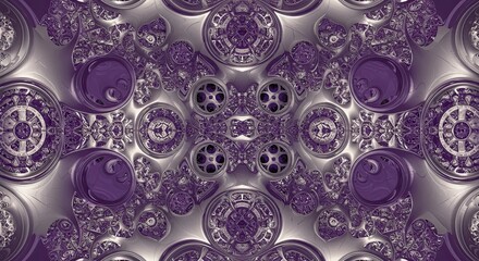 Intricate Purple and Silver Fractal Art: Circular Motifs and Geometric Symmetry