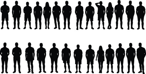 Human silhouettes collection, standing people poses, male and female figures, crowd illustration, body posture set, black outline, vector design.