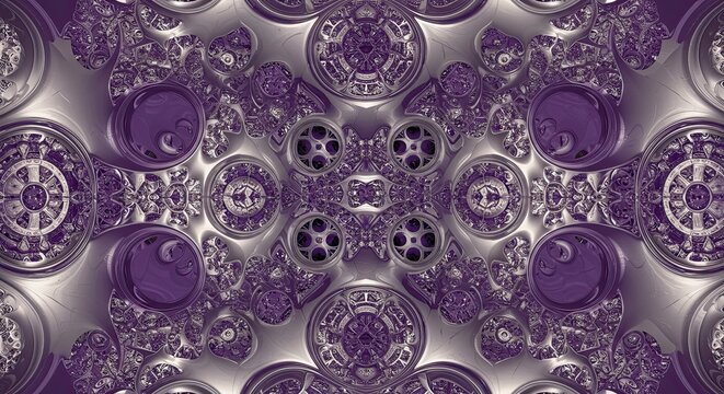 Intricate Purple and Silver Fractal Art: Circular Motifs and Geometric Symmetry - Powered by Adobe