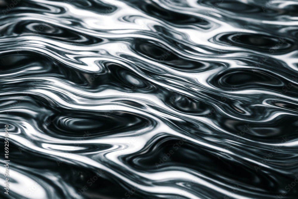 Wall mural abstract black and white fluid waves background with metallic light reflections in dynamic motion ac