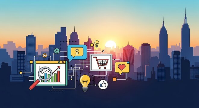 Digital marketing strategy with cityscape background, shopping cart, and business growth icons - Powered by Adobe