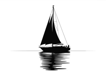 Fototapeta premium Elegant silhouette of a sailing boat on calm water reflection graphic silhouette vector illustration white background