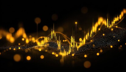 Abstract gold chart on dark background.  Data visualization with glowing lines and points