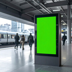 Green screen billboard at a busy train station platform