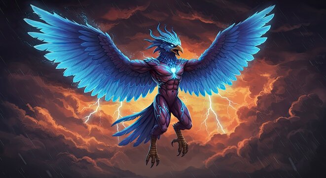 Majestic Mythical Bird Soars Through Stormy Skies, Powerful Creature of the Gods
