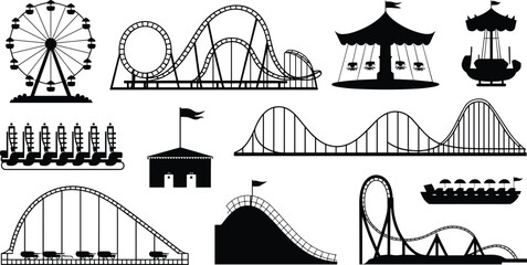 Silhouette collection of amusement park rides, roller coasters, ferris wheel, carousel, swings, boats, entertainment, fun, adventure, vacation, family, theme park, thrill, outdoor activities