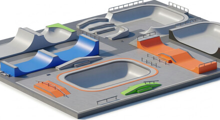 Fototapeta premium Skatepark design with ramps rails and bowls for skateboarding and bmx freestyle sports complex layout plan