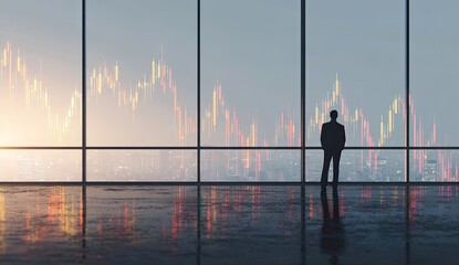 Silhouette of businessman observing city skyline, financial charts visible through large windows