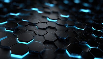 Fototapeta premium Abstract hexagonal grid, dark & blue glow