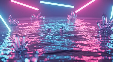 Neon Crystal Reflections: Abstract Water Scene with Glowing Lights