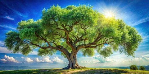 Majestic ancient tree basking in golden sunlight, a picturesque landscape of rolling hills and vibrant greenery under a brilliant blue sky