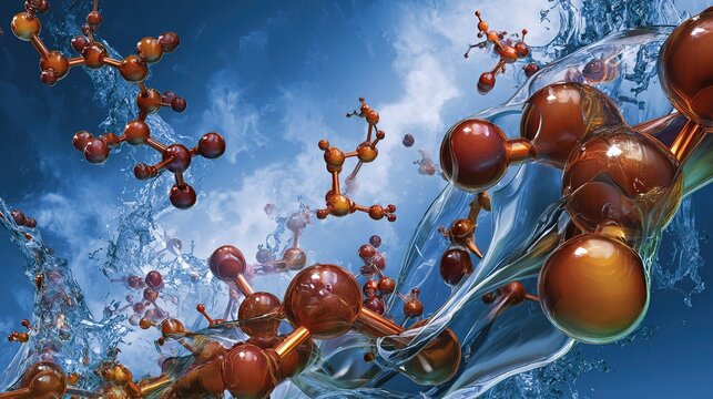 Surreal molecular structure with coffee-hued energy waves activating cells, depicting anti-aging research.