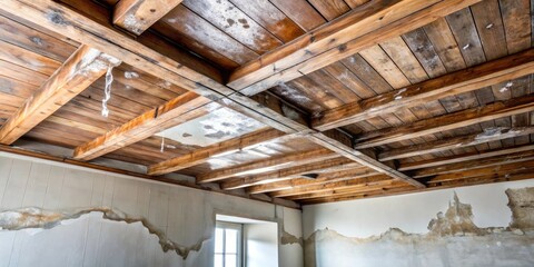 A Rustic Wooden Ceiling with Exposed Beams and Damaged Plaster