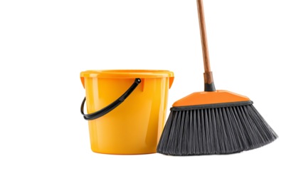 A yellow bucket and a gray broom against a isolated on transparent background