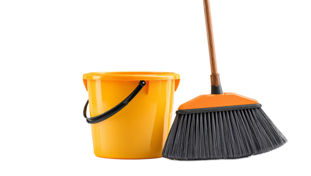 A yellow bucket and a gray broom against a  isolated on transparent background
