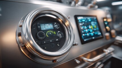 Fototapeta premium Medium shot capturing a secure temperaturemonitored vault containing delicate valuables with blurred digital control panels highlighting climate precision.