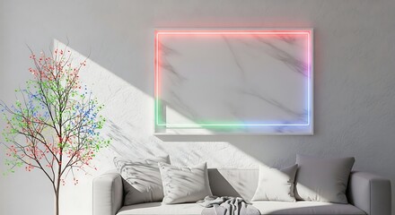 Modern Living Room with Sofa and Neon Lighted Frame on Marble couch interior