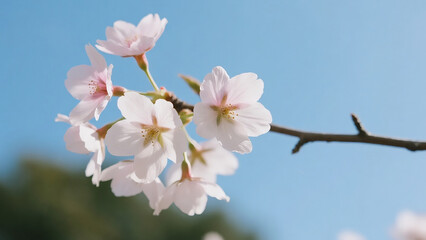 A single cherry blossom branch against a soft blue sky