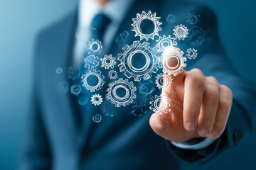 Business professional interacting with digital gear icons representing technology and innovation