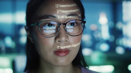 Close-up of a woman with projected data on her face, focused and thoughtful, in a modern setting. - Powered by Adobe