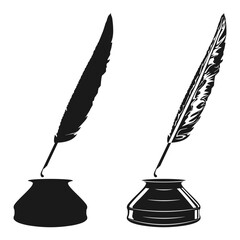Quill Pen and Ink Pot Silhouette Feather Inkwell Monochrome Illustration