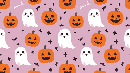 Naklejka premium Cute Halloween Ghosts and Pumpkins Repeating Pattern on Pink Background - Whimsical Seasonal Design
