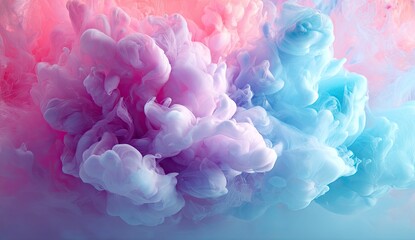 Abstract swirling colors in a liquid explosion.  Soft, pastel hues of pink, purple, and blue blend in a chaotic, cloud-like formation