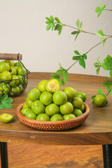 Fresh Green Sichuan Plums Naturally Ripening in Woven Basket on Rustic Wood Table