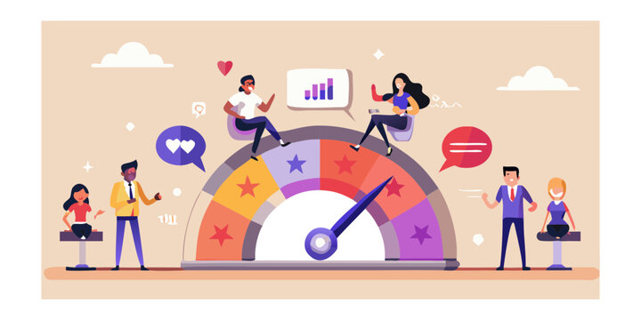 Diverse team members interacting around a customer satisfaction meter with feedback icons and charts