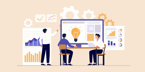 Team of professionals collaborating on a project with charts graphs and a lightbulb representing an idea