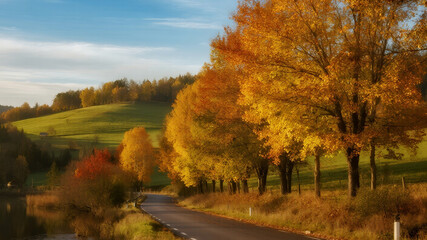 Fototapeta premium A peaceful countryside road lined with yellow and orange autumn trees