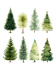 Obraz premium Collection of watercolor christmas trees in hand-painted style arranged on white background with unique shapes and pastel green tones