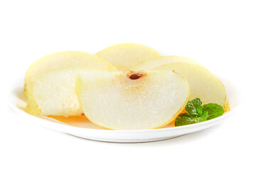 Fresh Sliced Pear with Mint on White Plate - Healthy Fruit Display