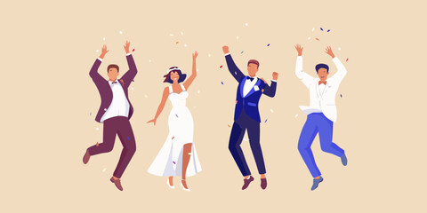 Joyful wedding party celebrating with confetti and raised arms in a modern flat illustration style