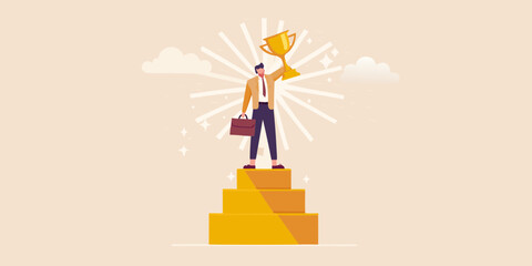 Successful businessman holding a golden trophy aloft while standing on a podium celebrating achievement and victory