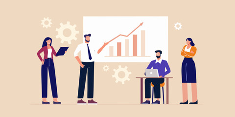 Diverse business team collaborating on a successful financial growth strategy presentation with charts and gears