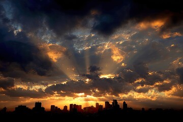Dramatic sunset over a city skyline, with dramatic clouds