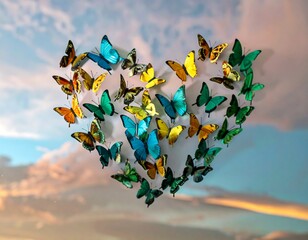 Colorful butterflies form a heart against a soft sky