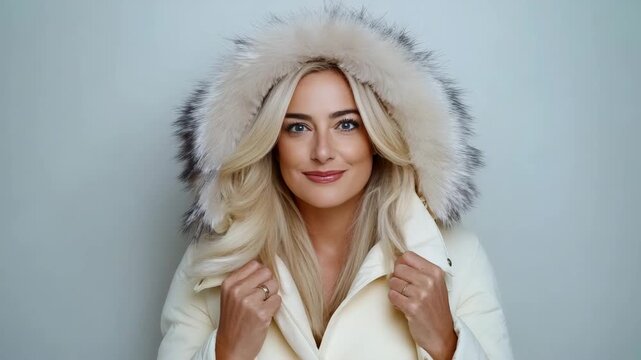 Smiling woman in warm winter coat with fur-lined hood against light background