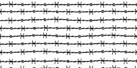Seamless pattern of multiple rows of barbed wire with sharp spikes on a white background