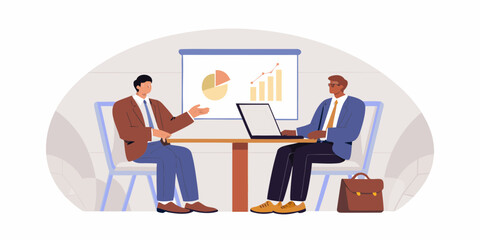 Two businessmen in a meeting discussing financial charts and data on a laptop