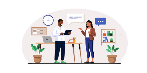 Diverse colleagues collaborating and discussing ideas in a modern office setting with plants and bookshelves