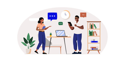 Diverse colleagues collaborating in an office environment discussing ideas using digital devices and speech bubbles