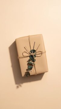 Elevated View of a Brown Paper Wrapped Gift with String and Green Leaves on a Beige Background with Soft Lighting