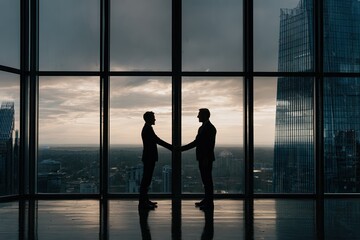 Fototapeta premium Silhouette of two men shaking hands, urban panorama