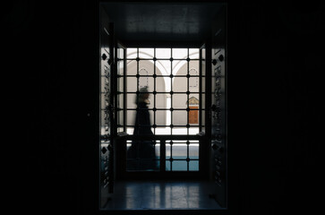 An intriguing silhouette of a person framed within a window, looking out into a bright, arched courtyard. The contrast highlights the mystery and the architectural beauty beyond.