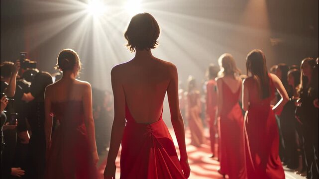 Runway models strutting confidently in across red gowns sleek glamorous event floor video 4k